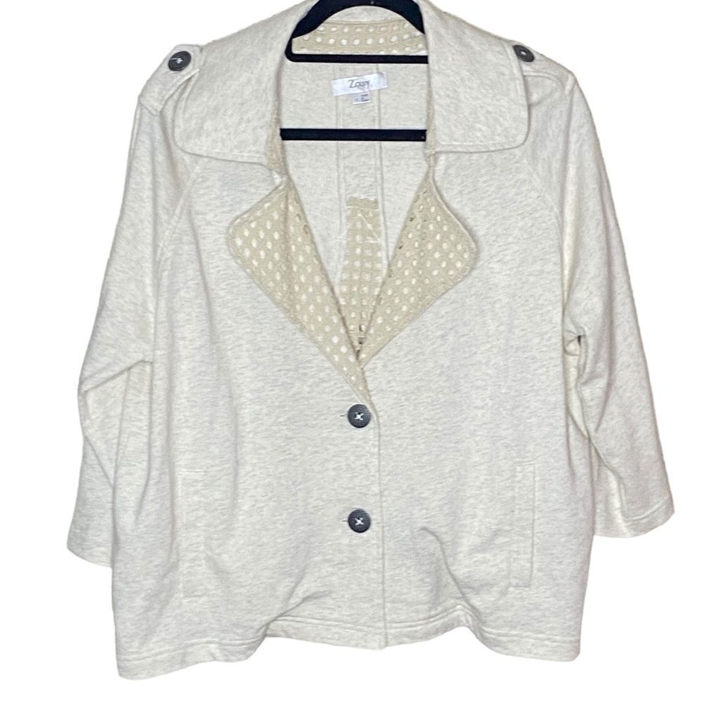 Zowy Cream 2 Button Waffle Trim Casual Layer Cotton Cardigan Blazer Wm’s Sz Lrg